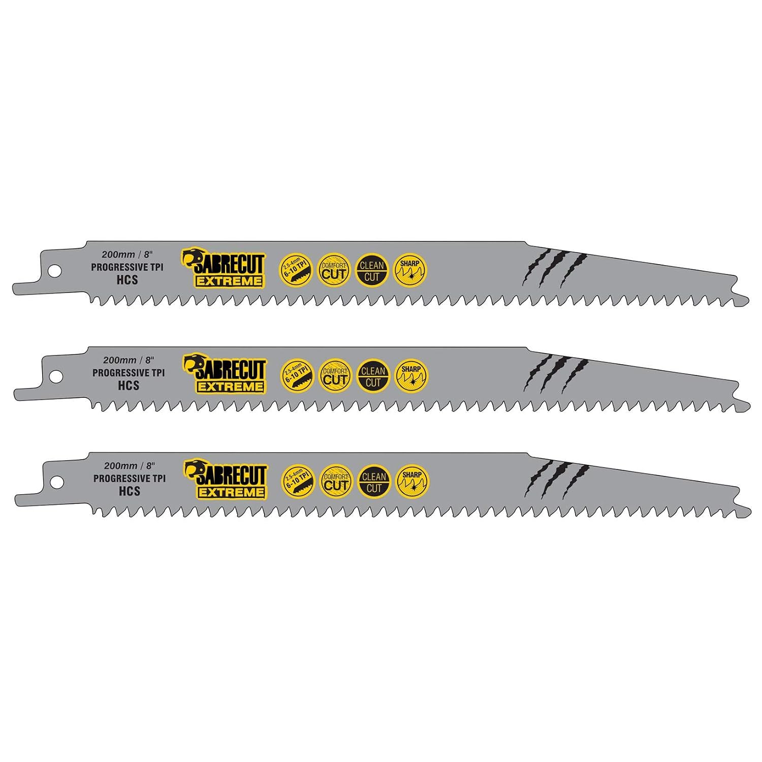 3 x SabreCut SCRS2345X_3 200mm 6-10 TPI S2345X Very Fast Wood Cutting Reciprocating Sabre Saw Blades, Silver
