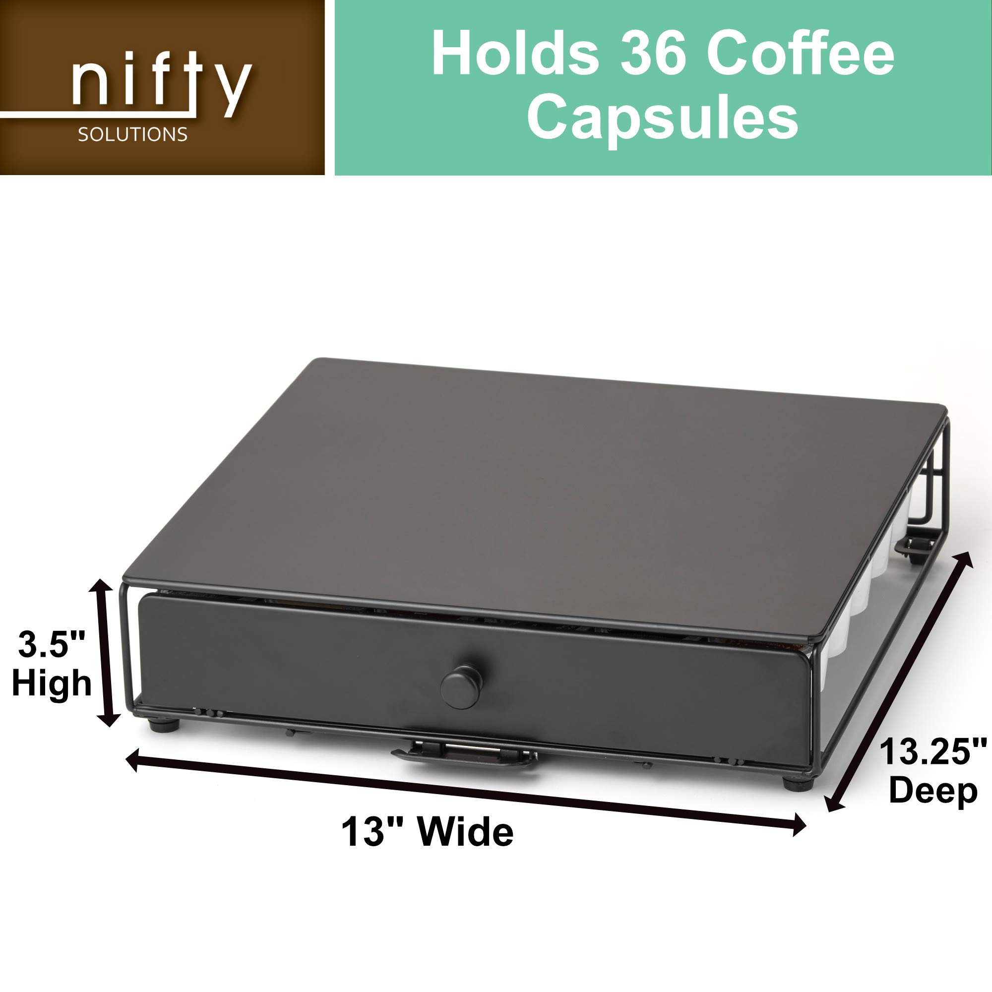 Nifty Rolling Coffee Pod Drawer – Black Finish, Compatible with K-Cups, 36 Pod Pack Holder, Compact Under Coffee Pot Storage Drawer, Slim Home Kitchen Counter Organizer