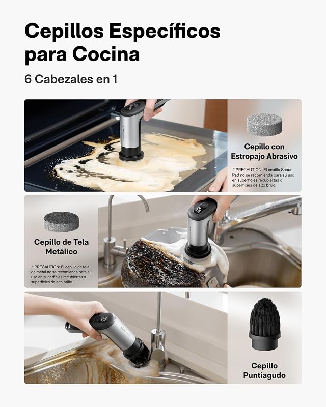 Grip™ Cepillo Eléctrico de Limpieza Hogar, IPX7 Impermeable, Cepillo Limpieza Eléctrico Ligero (0.29 kg) con 6 Cabezales, para Limpieza de Cocina, Vajilla, Encimera, Parrilla, Placa, Baldosas