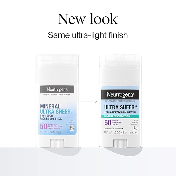 NEUTROGENA ULTRA SHEER DRY TOUCH SPF 50 MINERAL SUNSCREEN STICK FOR SENSITIVE SKIN, ZINC OXIDE, BODY & FACE SUNSCREEN WITH VITAMIN E, NO WHITE RESIDUE & VEGAN, 1.5 OZ