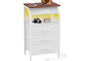 SZLHANJZ End Table with LED Lights, Nightstand with Charging Station and 3 Drawers, Small Side Table with Fabric Storage for Bedside, Living Room, Dorm, White and Walnut