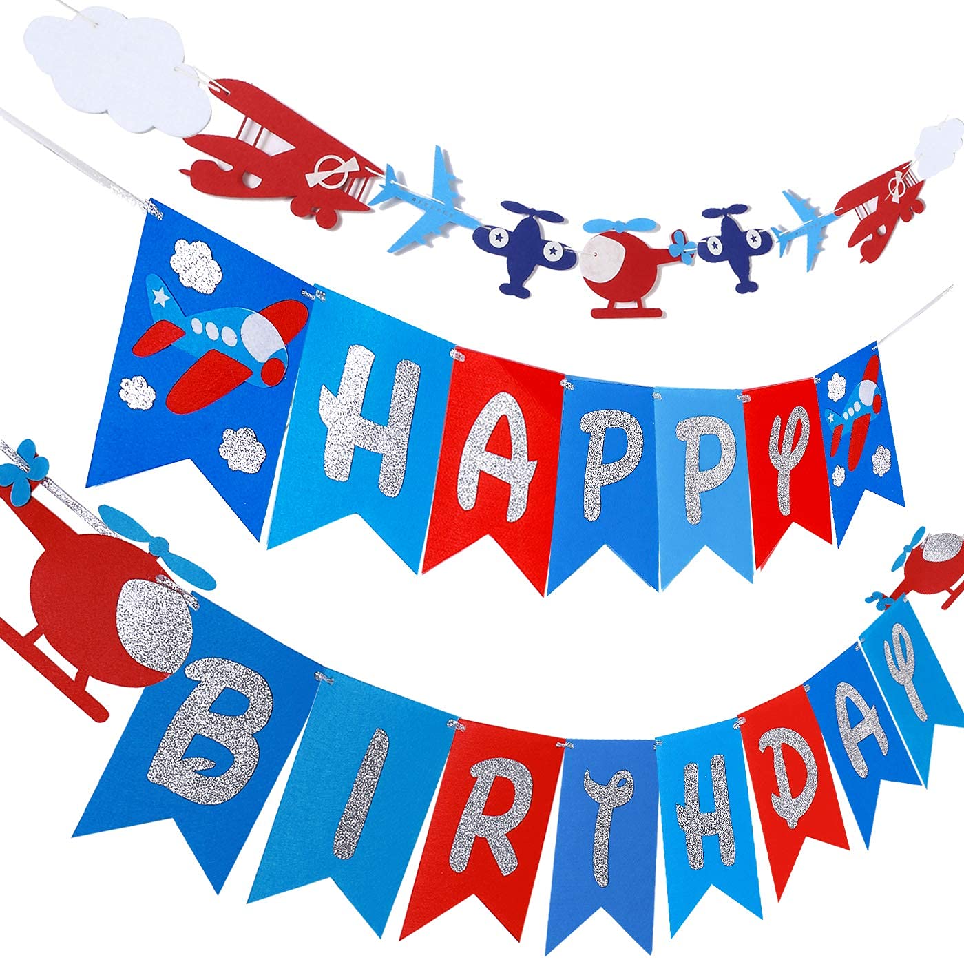 Airplane Plane Birthday Banner & Garland Decoration for Airplane Aviator Aviation Birthday Themed Party Up And Away Glitter Felt Banner & Cloud Garland Supplies Boys Aircraft Bday Decor