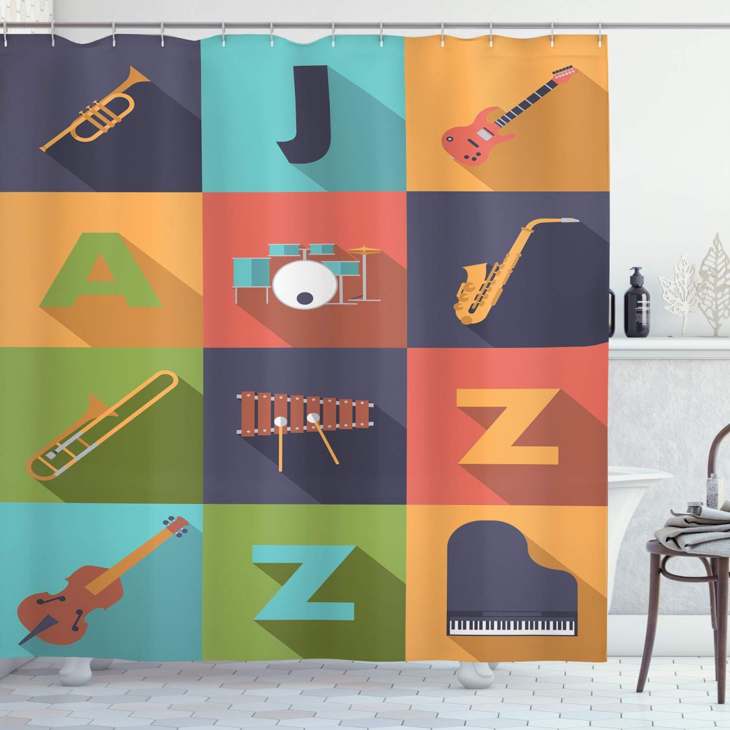 Amazon Com Ambesonne Jazz Music Decor Shower Curtain Set Colorful All Jazz Equipment Set On Flat Design Funky Music Symbols Graphic Decoration Bathroom Accessories 84 Long Extra Multi Home Kitchen