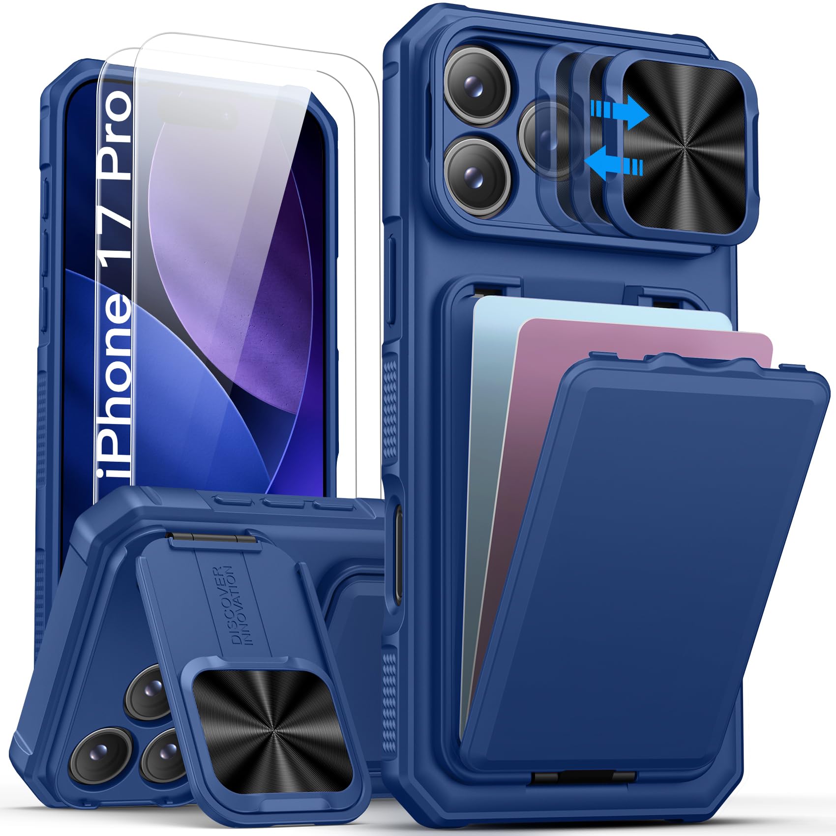 Photo 1 of SSLOTSCASE for iPhone 17 Pro Case with 2X Screen Protector, Kickstand & Credit Card Holder & Sliding Lens Cover & Camera Stand & Wallet, Heavy Duty Sturdy Protective Case Cover for iPhone 17 Pro, Blue