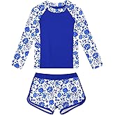 Idgreatim Girls Rash Guard Swimsuit Teens Two Piece Bathing Suit Long Sleeve Swimwear Size 7-16T