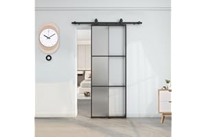 BARNSMITH 32in x 84in Glass Barn Door with 5.5FT Hardware Included, Aluminum Alloy Frame Frosted Tempered Glass, 6-Lite Lightweight Sliding Barn Door, Easy Assembly