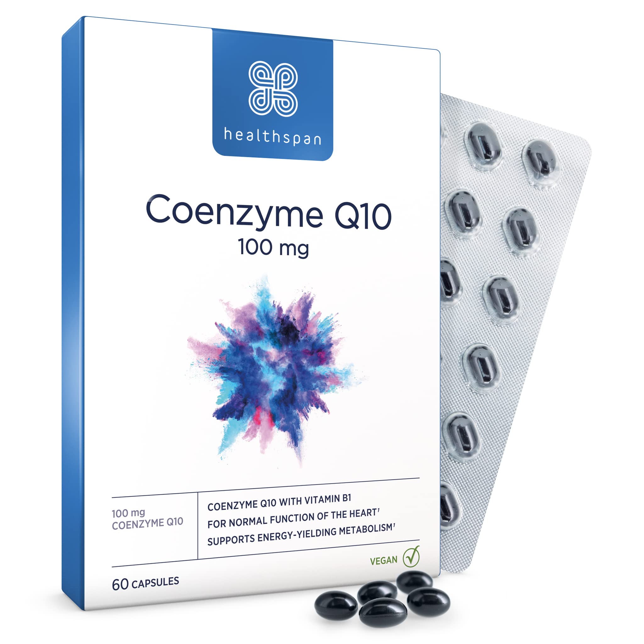 Healthspan Coenzyme Q10 100mg | 60 Capsules | Supports Heart Health & Energy Metabolism | Added Vitamin B1 | All Natural CoQ10 Fermented for Optimum Purity | Sunflower Oil Base | Vegan