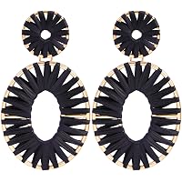 BaubleStar Raffia Tassel Hoop Drop Earrings Handmade Fashion Statement Jewelry for Women