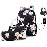 FADOVYE Laptop Backpack for Girls Women, School Backpack with Lunch Bag and Pencil Bag, College Bookbag Travel Daypack with USB Charging Port and Headphone Interface, Floral