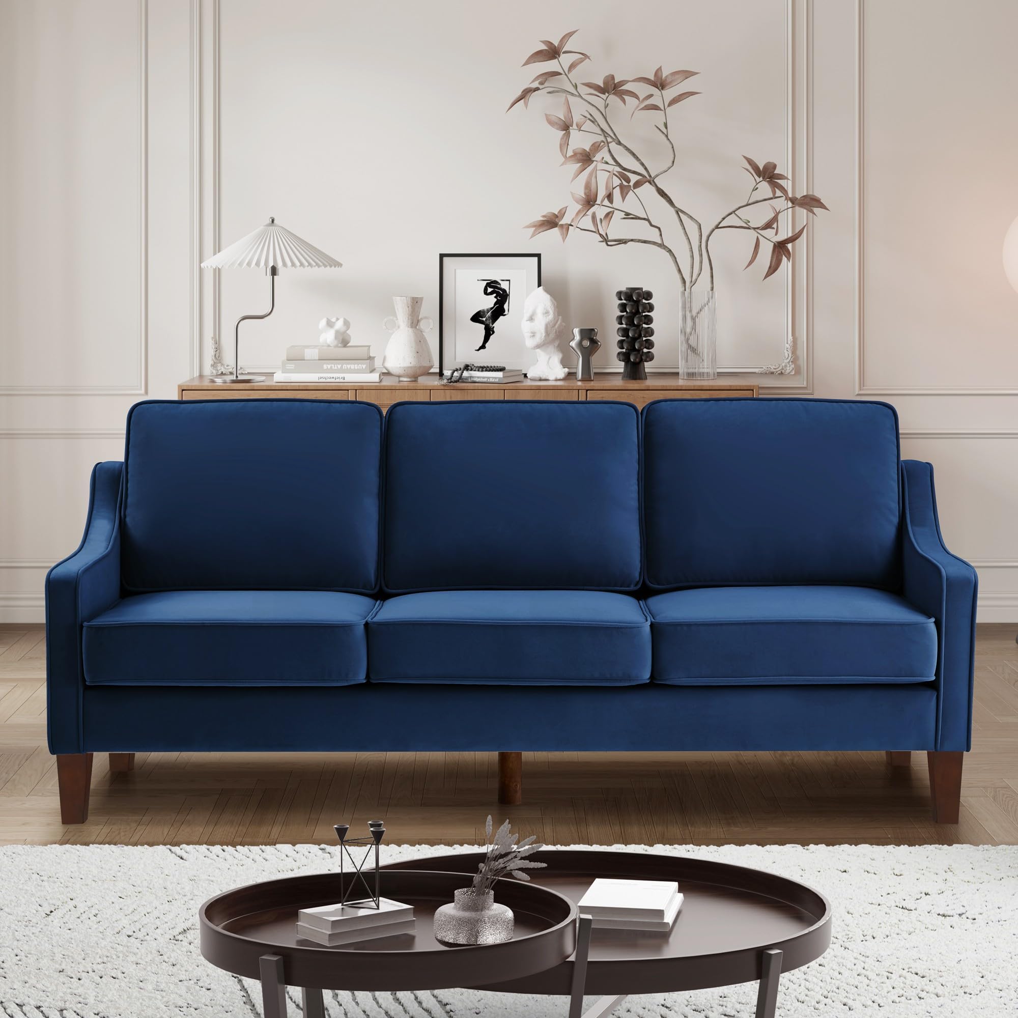 Photo 1 of ***MISSING HARDWARE***
KEIKI 74 Inch 3-Seater Deep Seat Sofa, Modern Velvet 3 Person Seat Sofa Couch with Scooped Armrest and Wood Legs, Upholstered Velvet 3-seat Sofa with Removable Cushions for Living Room, Navy Blue