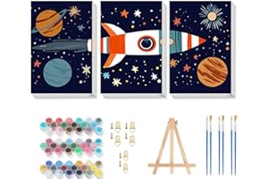 Gemozaic 3 Pack Paint by Numbers Kit for Kids with Frame and Easel, Space Rocket Kids Paint by Number Kits on Framed Canvas for Age 6-8-12, DIY Numbers Painting for Teens, Adult Beginner, 8x12 Inch