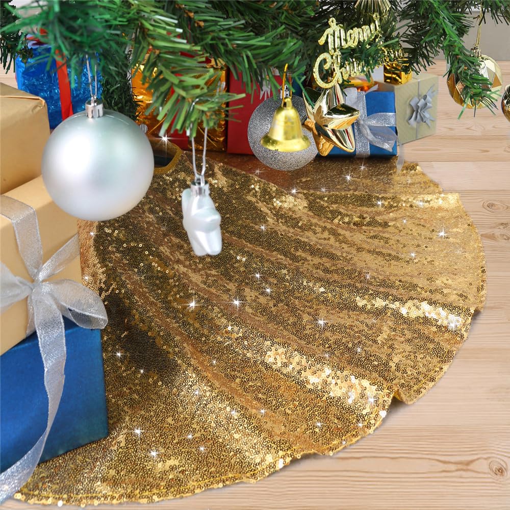 Photo 1 of 48 Inch Gold Xmas Tree Skirt Christmas Decorations Sequin Tree Skirt Cover New Year Party Indoor Holiday Tree Ornaments