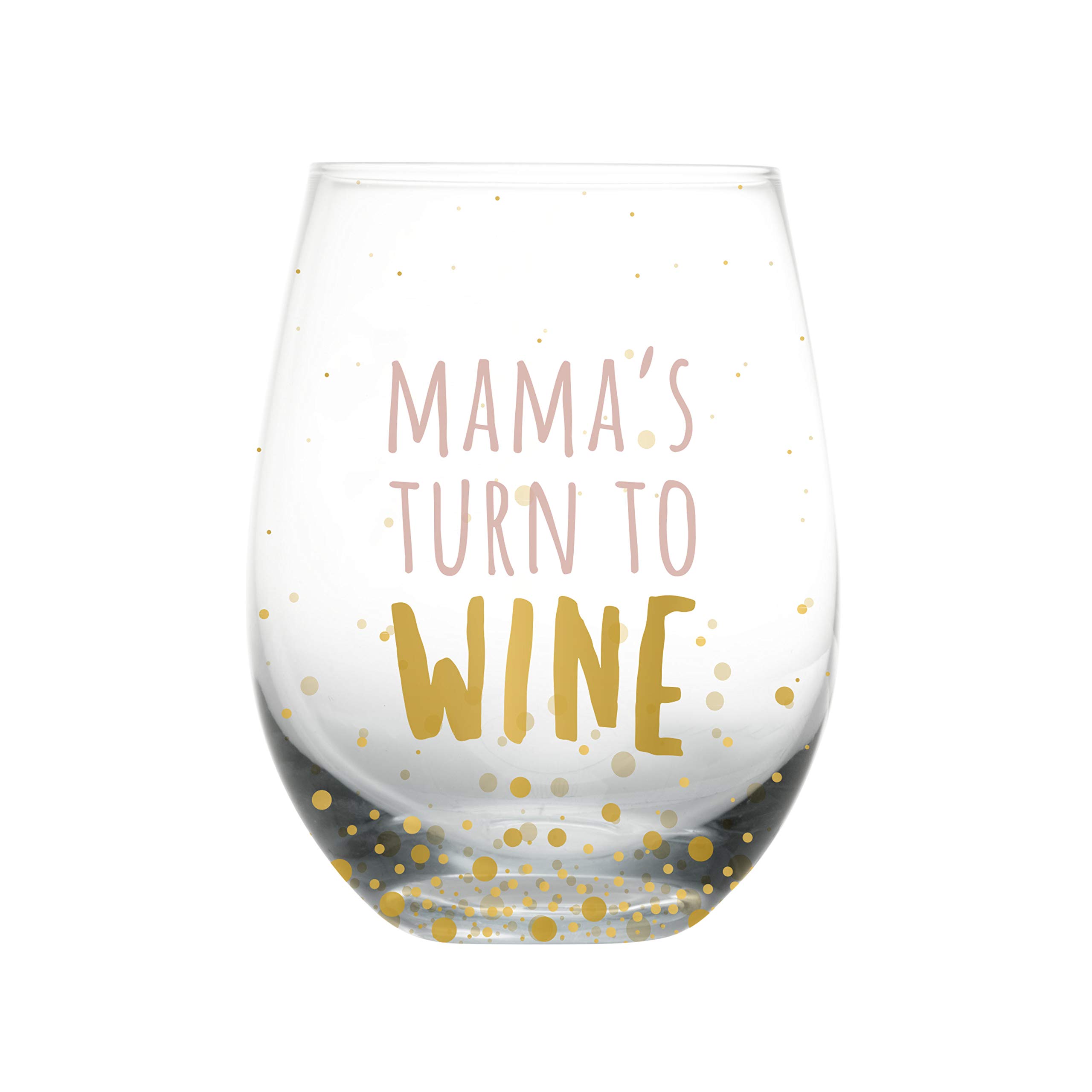Pearhead Stemless Wine Glass for Mum – “Mama’s Turn to Wine” Funny Gift for New Mums or Mum-to-Be, Gold Polka Dot, 16oz — image 1