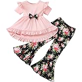 HPSOM Toddler Baby Girl Bell Bottoms Outfits Ruffle Short Sleeve Shirt Tops and Floral Flared Pant Set