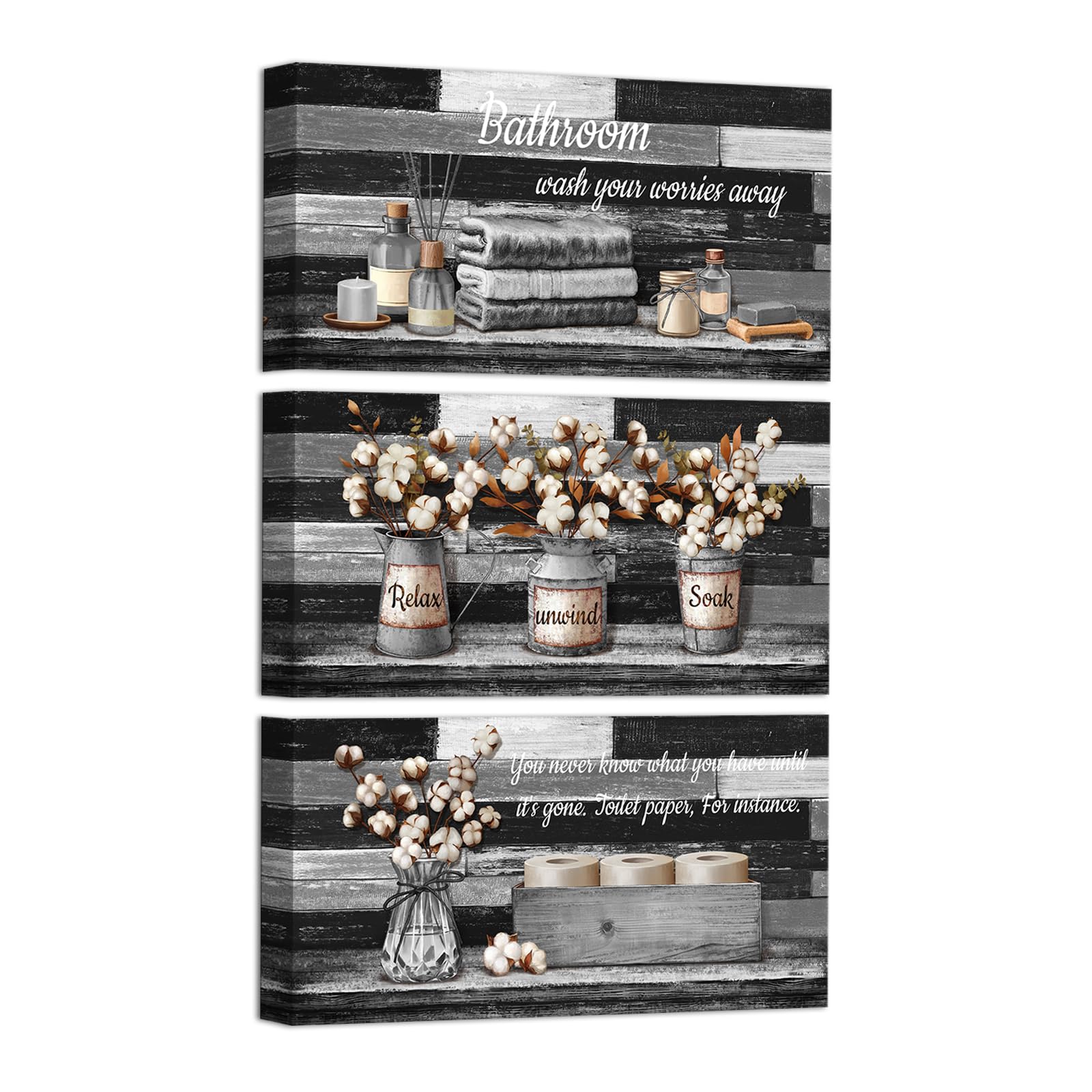 Photo 1 of ***DAMAGED - SEE NOTES/PICTURES*** *** ONE OF THE PAINTINGS FRAME IS CRACKED ***HOMEOART Bathroom Signs Farmhouse Bathroom Wall Decor Pictures Canvas Wall Art for Bath Room Decor Framed 6x12inchx3Pieces (Black)