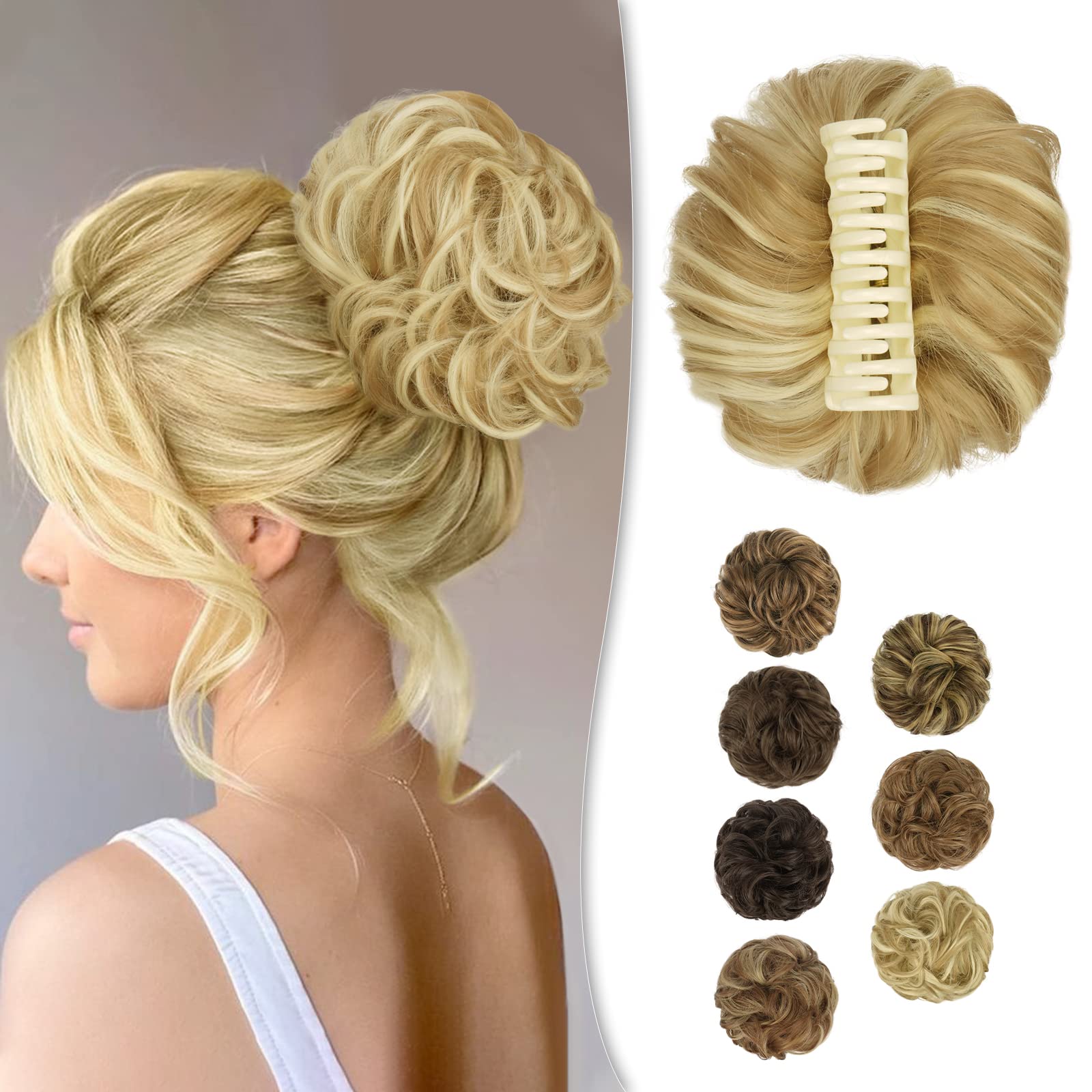 BARSDAR Claw Clip Messy Bun Hairpiece, Clip in Hair Scrunchies Curly Synthetic Hair Bun Extensions for Women Ponytail Updo Hair Donut Chignon, 16H613# Creamy Blonde With Sandy Blonde Highlights