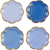 48Pcs Light Blue Scalloped Party Plates - 7inch Gold Foil Gradient Blue Dessert Paper Plate Disposable Cake Plates for Birthday Bridal Baby Shower Wedding Party Decorative Supplies