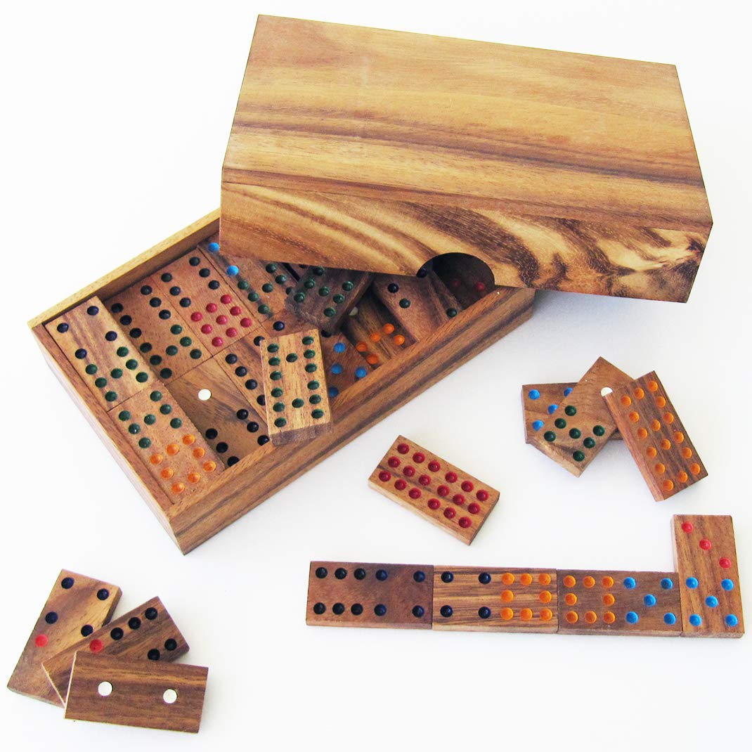 Le Délirant® Dominoes Double 9 Set of 56 Dominoes in Solid Wood Case with CE Standards From 2 to 6 Players from 6 Years Old French Brand Le Délirant® Family Travel Board Games Easy Storage