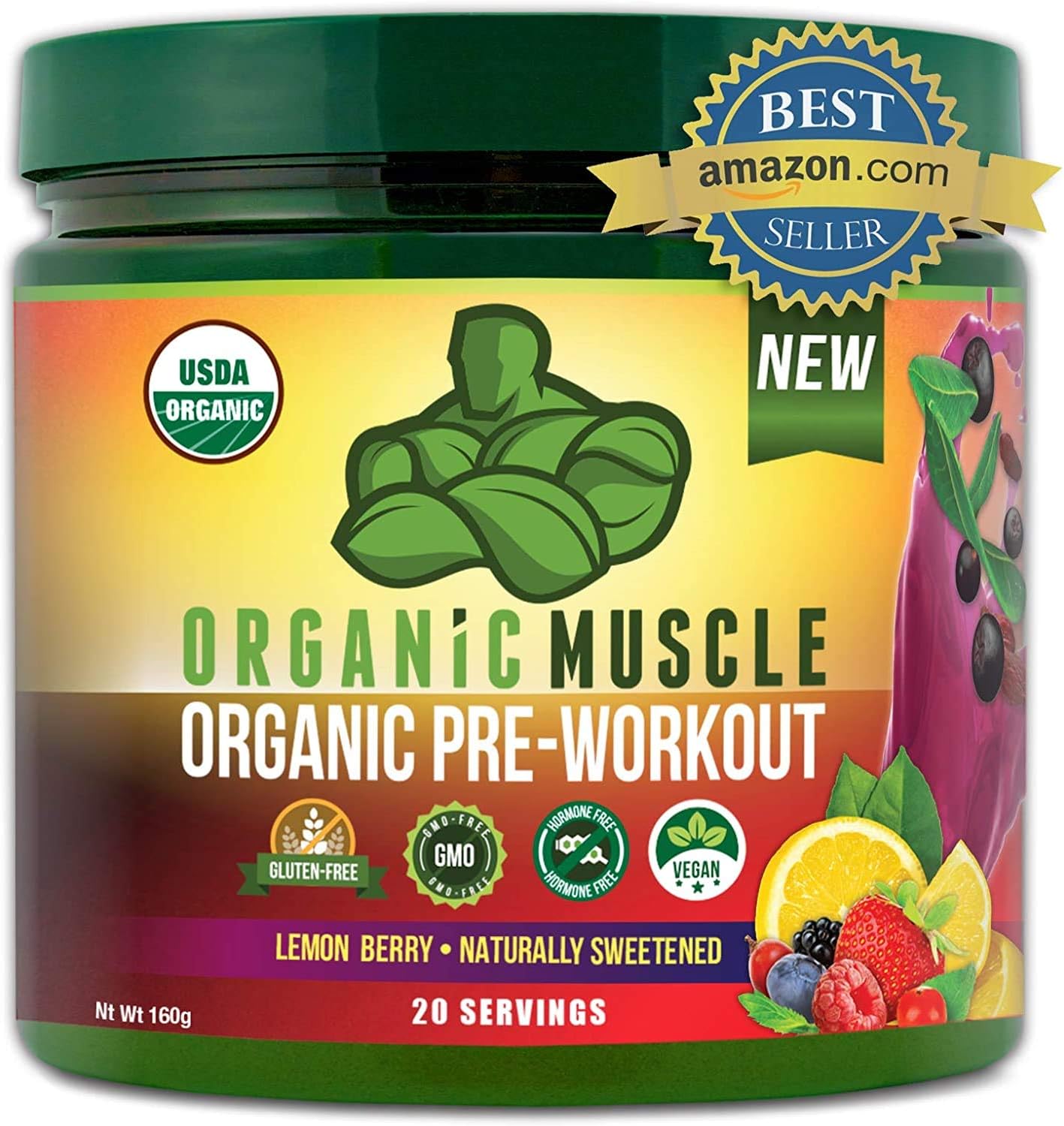 Organic Muscle #1 Rated Organic Pre Workout Powder-Natural Vegan Keto Pre-Workout & Organic Energy Supplement for Men & Women- Non-GMO, Paleo, Gluten Free, Plant Based -Lemon Berry -160g: Health & Personal Care