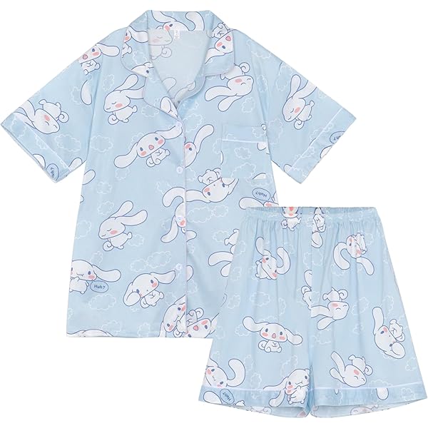 WANHONGYUE Kawaii Cartoon Ensemble de Pyjama Femme Fille Manches Longues Chemise et Pantalon Long 2 Pièces Vêtements de Nuit Idéal pour Printemps et Été Noir M