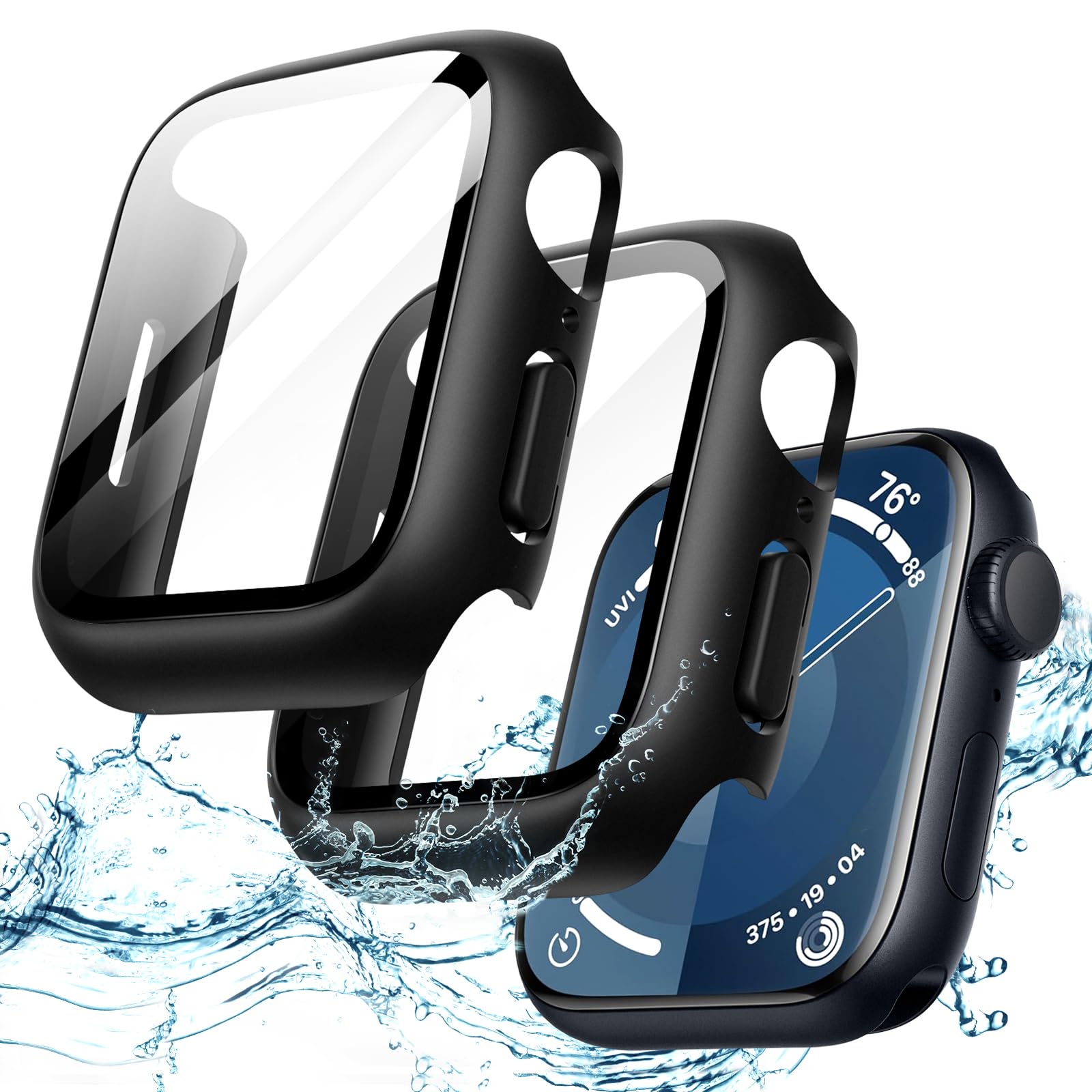 JETech Waterproof Case with Screen Protector for Apple Watch Series 9 8 7 41mm, Built-in Tempered Glass Film Hard PC Bumper Full Protective Cover, 2 Pack (Black)