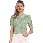 Allegra K Peter Pan Collar Tops for Women's Puff Short Sleeve Ruffle Vintage Smocked Floral Blouse