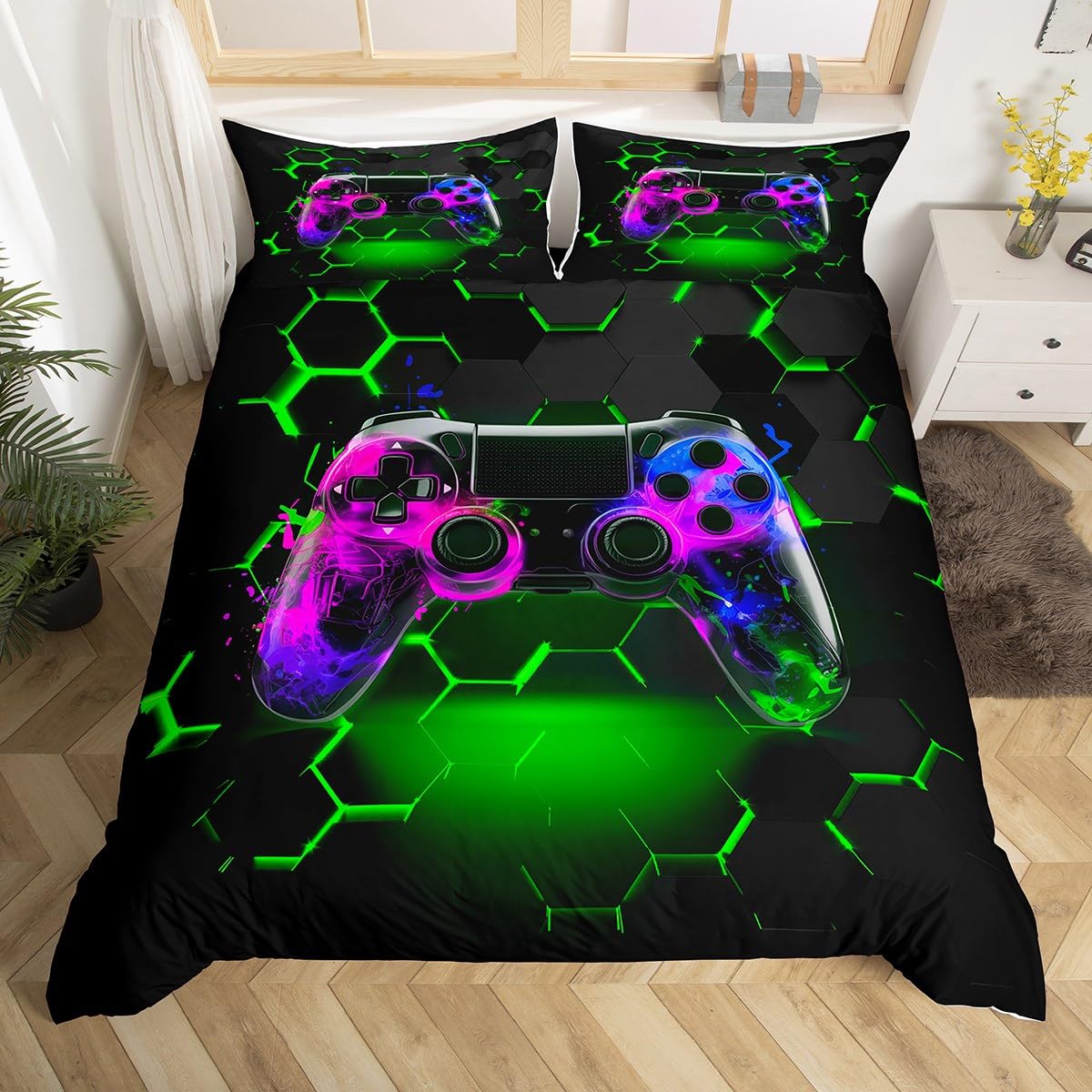 Gaming Duvet Cover Set Double Size, Green Honeycomb Gamepad Bedding Set 3pcs for Kids Boys Teens Room Decor, Videogame Controller Comforter Cover Gamer Reversible Quilt Cover with 2 Pillowcases