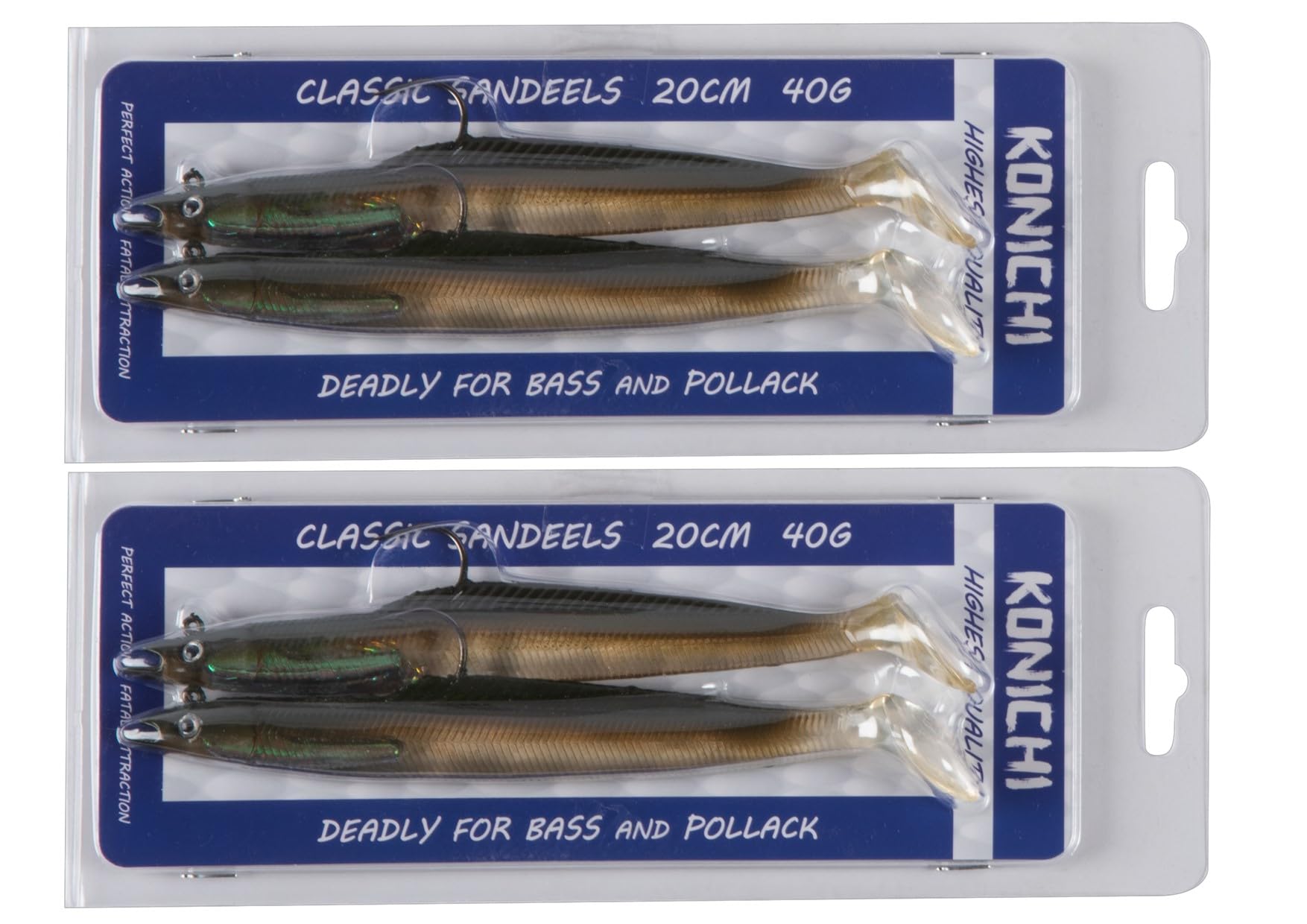 FISHZONE - 4 (2 x 2) Pack KONICHI CLASSIC SANDEEL Fishing Lure 8" 20cm 40g Soft Rubber Imitation Bait Range (6 Colours Available) For Predatory Fishing (Khaki)