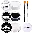 BOBISUKA Black & White Face Body Paint + Setting Powder + 3PCS Artist Brushes Face Painting Kit for Adult Large Capacity Professional Oil Based Cream Paints Palette For Halloween Clown Skeleton Vampir