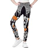IIMMER Girls Halloween Stretchy Party Leggings Funny Printed Cute Tight Pants Black Skeleton Pumpkin 5-6 Years