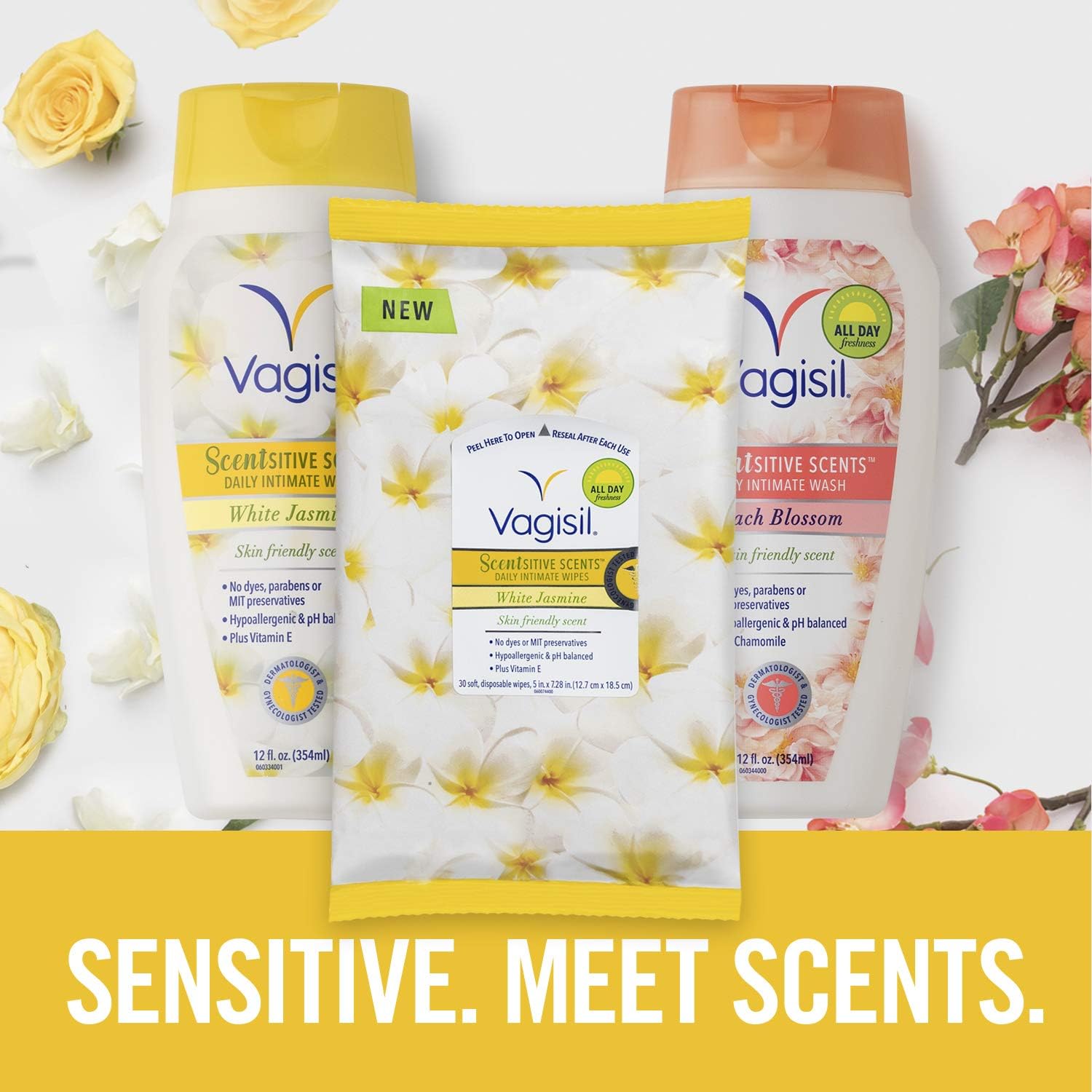 Vagisil Scentsitive Scents Daily Feminine Vaginal Wipes for Women, White Jasmine, 30 Wipes in Resealable Pack (Pack of 3): Health & Personal Care