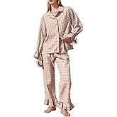 Flygo Womens Gingham Pajamas Sets Cotton Plaid Pjs Ruffled Sleeve Button Down Shirt Pants Y2k 2 Piece Lounge Set