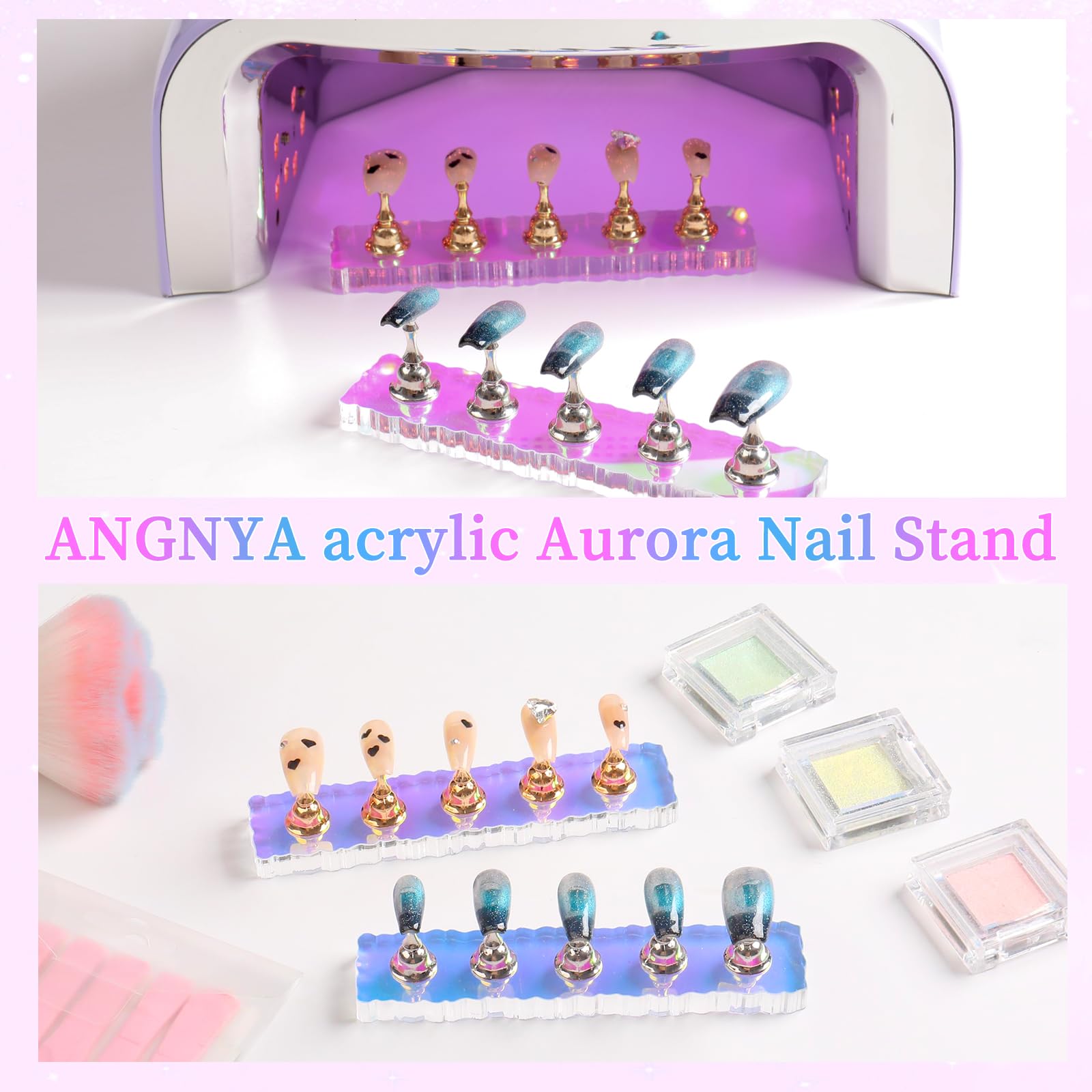ANGNYA 2 Set Nail Stand, Aurora Nail Holder for Painting Nail Stand for Press on with 96 Pcs Reusable Sticky Putty Nail Display Stand Nail Hand Practice Magnetic Nail Art Tools for Homes and Salons - Image 3