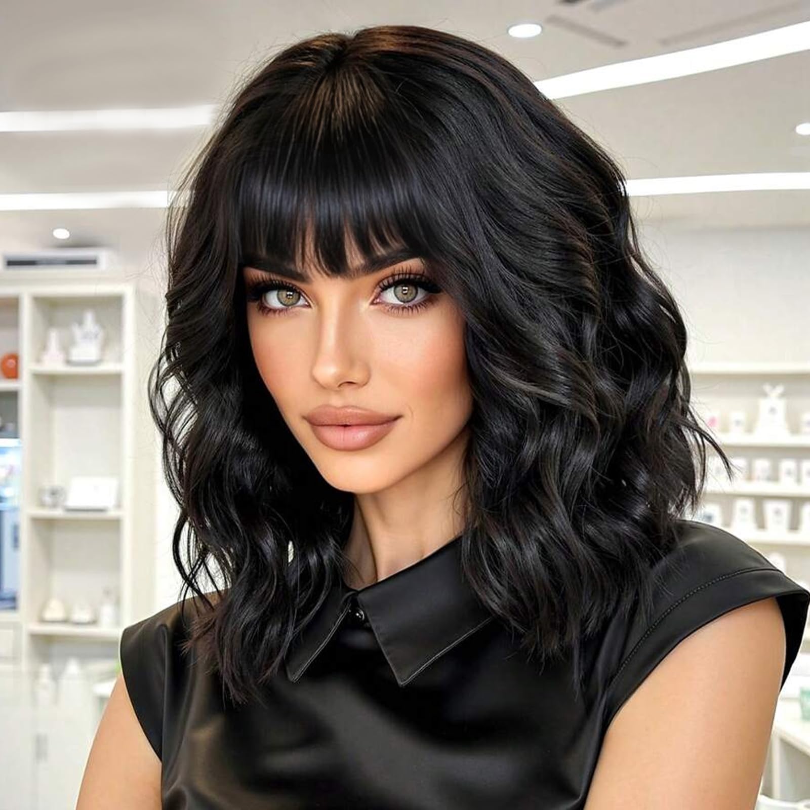 Photo 1 of Lativ Black Wigs for Women Short Wavy Curly Bob Wig with Bangs Shoulder Length 14 Inches Synthetic Hair for Daily Party Use