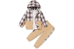 FoWear Toddler Boy Clothes 3-Piece Plaid Zip up Hoodie White T-Shirt and Pants Fall Winter Boys Clothing Set