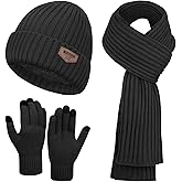 Mens Hat and Gloves Set, Warm Beanie Knit Long Scarf Fleece Lined Winter Hats Touchscreen Gloves for Men