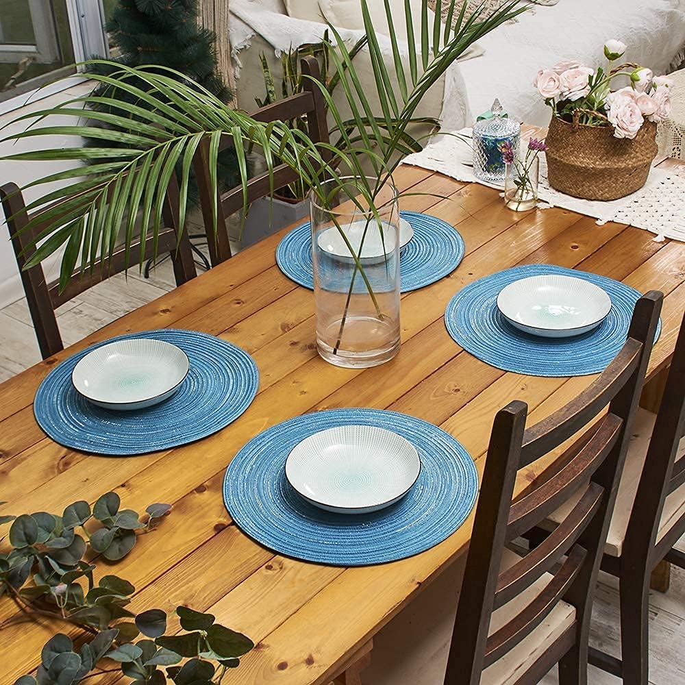 AHHFSMEI Round Placemats Set of 6 Round Braided Place mats 15 Inch Table Mats for Dining Tables Washable Heat Resistant Place mats for Party BBQ Christmas and Everyday Use (Blue Silver): Kitchen & Dining