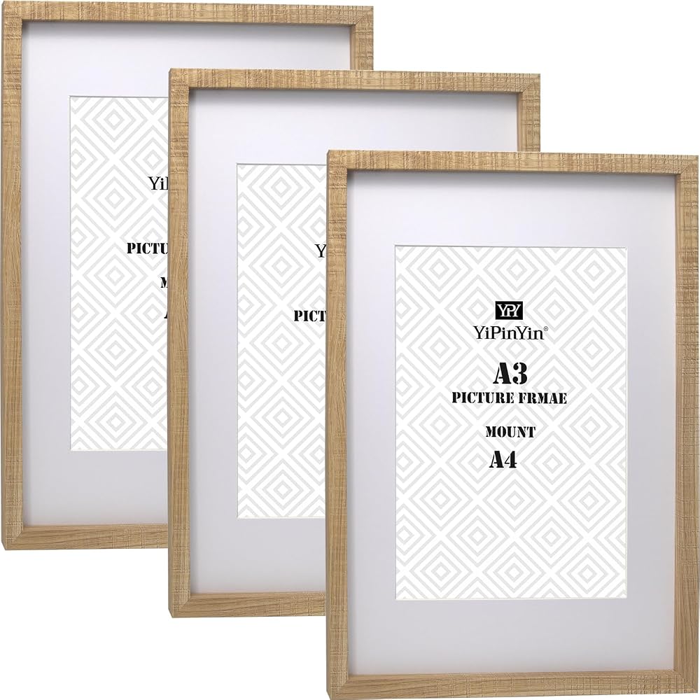 YiPinYin Natural Wood Effect A3 Picture Frames Set of 3 with Acid Free Mount