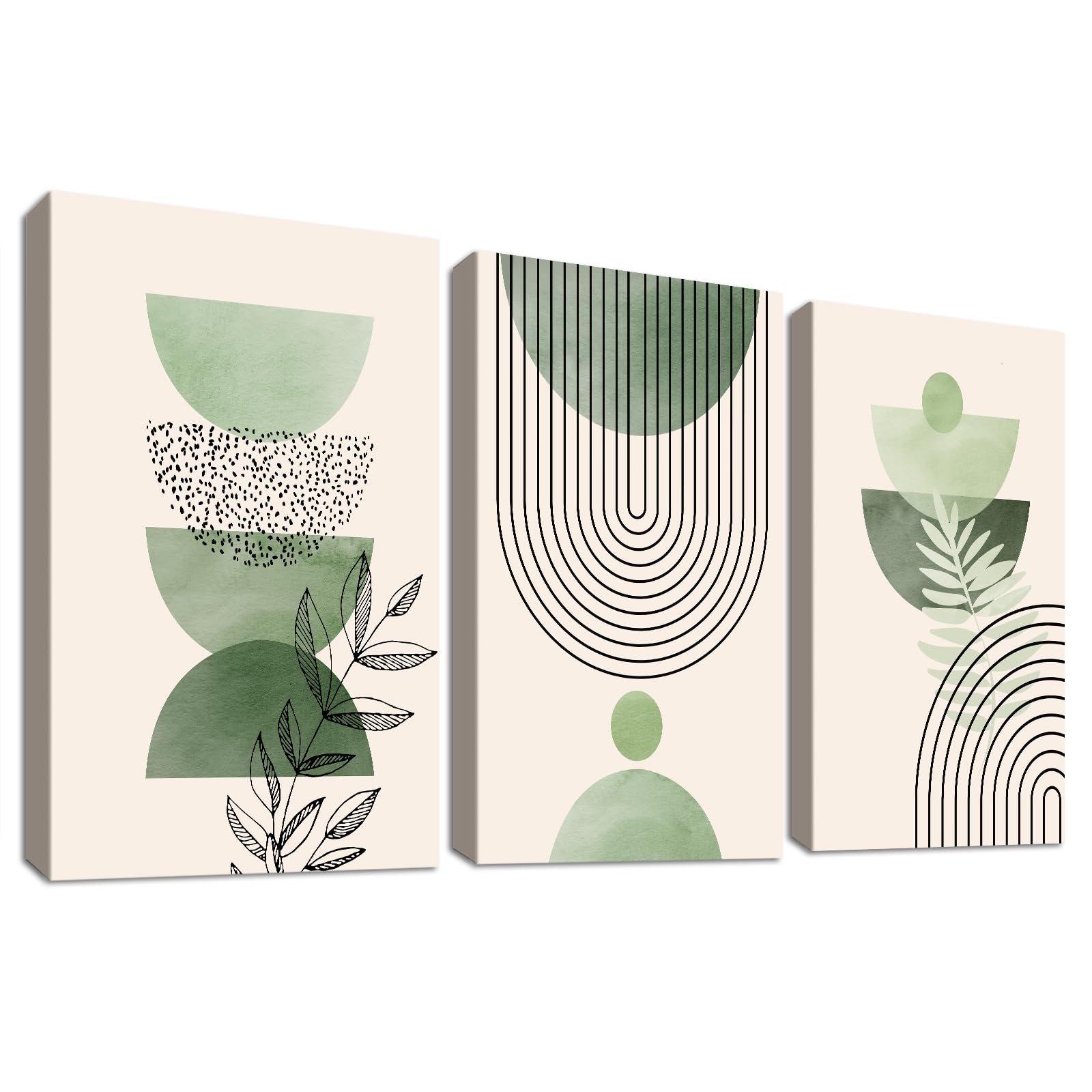 3 Pcs Wooden Framed Canvas Wall Art Set Sage Green Boho Canvas Prints Poster Minimalist Geometric Beige Green Pictures for Living Room Bedroom Dinning Room Hallway Stairs Wall Decor 40x60cm x3pcs — image 1