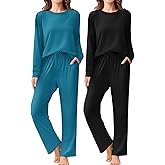 Ekouaer 2 Pack Women Pajama Long Sleeve Sleepwear Soft Loungewear Pjs Sets with Pockets S-XXL