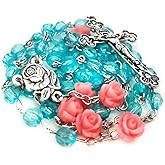 Lourdes Turquoise Crystal Cut Pink Rose Rosary Beads Catholic for Women - Catholic Gifts - Rosary Necklace for Women