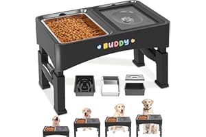 Decflow 3-in-1 Elevated Dog Bowls, 4 Height Adjustable Raised with Stainless Steel, Slow Feeder, No Spill Water Bowl, DIY Stickers Foldable Pet Bowl for Medium Large Dogs