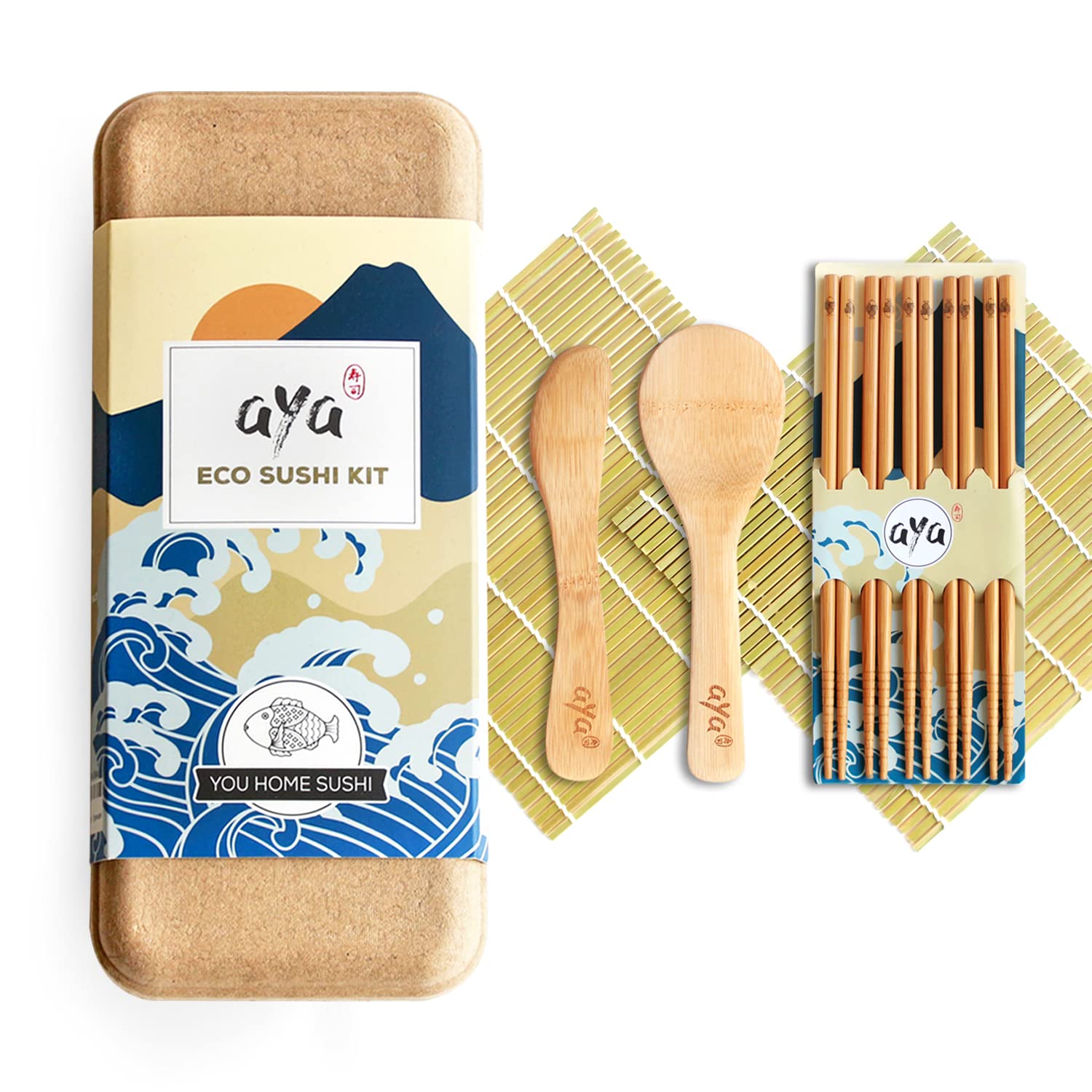 Aya Sushi Making Kit - Original Eco Sushi Kit - All Natural Eco-Friendly - Biodegradable Bamboo - 2 Sushi Mats - 5 Pairs of Chopsticks - 1 Paddle - 1 Spreader