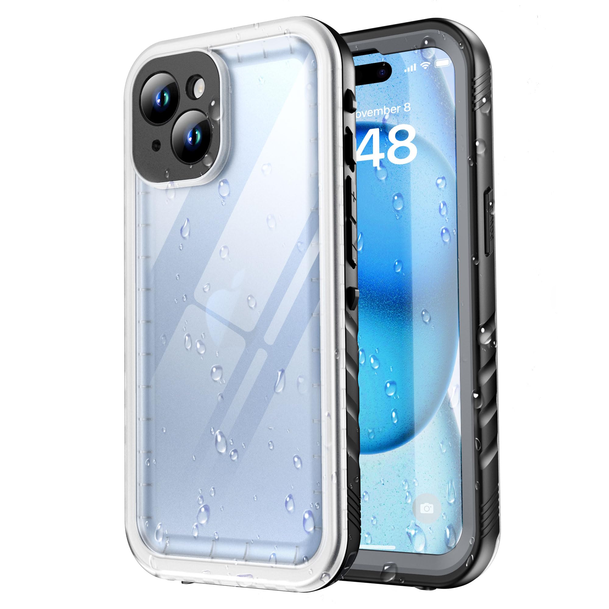 SPORTLINK for iPhone 15 Waterproof Case - Shockproof Heavy Duty Front and Back Cover [Built in Screen/Camera Protector] [IP68 Underwater] [Not Yellowing] 360 Full Body Protective - Black/Frosted Clear
