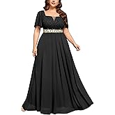 MISSMAY Women's Plus Size Floral Lace Ruffle Sleeves Beads Waist Chiffon Formal Party Maxi Dress