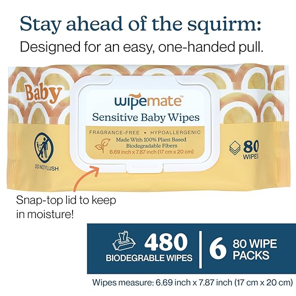 WIPEMATE EWG-VERIFIED PREMIUM BABY WIPES, 99% WATER-BASED, PLASTIC-FREE, ULTRA-SOFT PLANT-BASED WIPE, CHLORINE/ALCOHOL-FREE, PH-BALANCED, HYPOALLERGENIC CRUELTY-FREE WITH DURABLE FLIP-TOP LID 480-CT