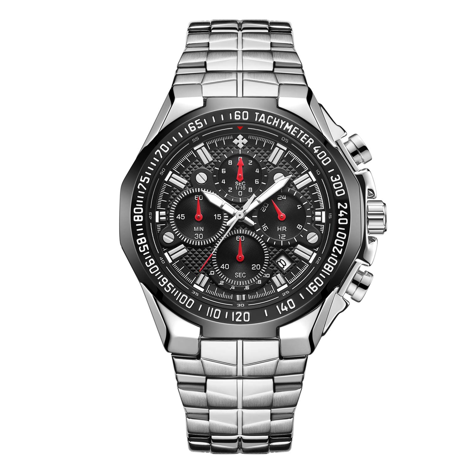 RORIOS Fashion Men Watches Analog Quartz Watch Chronograph Luminous Watch with Date Calendar Stainless Steel Band Multifunction Watches Bracelet, Black B, Bracelet