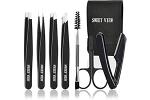 SWEET VIEW 7pcs Eyebrow Tweezers Kit for Women Precision Plucker with Brow Scissors & Razor & Spoolie for Facial, Chin, Brow, Splinter and Ingrown Hair