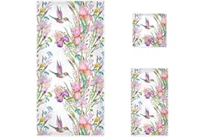 Naanle Spring Hummingbird Irises Flowers Floral Soft Luxury Decorative Set of 3 Towels, 1 Bath Towel+1 Hand Towel+1 Washcloth, Multipurpose for Bathroom, Hotel, Gym, Spa and Beach