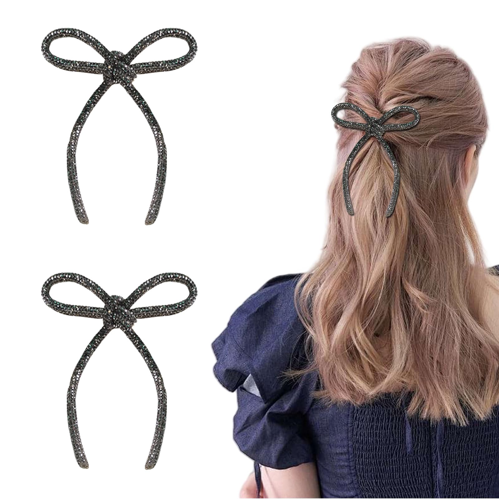 GlamRays 2 Piece Bow Hair Clips Rhinestone Hair Accessories Silver Hair Bows for Women Crystal Prom Hair Decoration Non-Slip Jewelled Knot Barrettes Ducks (Dark Grey)